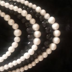 5 Strand Pearl & Black crystal Cut Beaded Necklace 22-26 In. Long